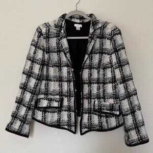 Women's Chico's Size 2 Black White Wool Blend Hook Buttons Blazer Jacke